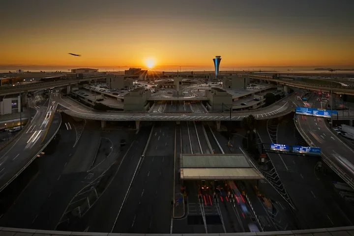 Aerial photo of SFO at sunrise