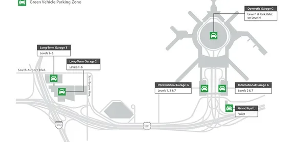 Map illustrating that Electric Vehicle Charging is available at all SFO public parking facilities. 