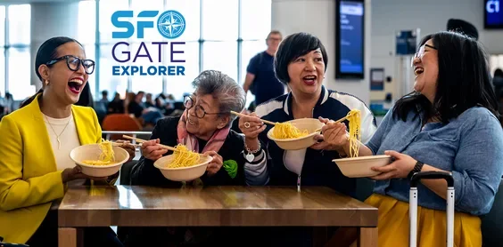 A group of passengers dining at the SFO food court