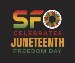 Illustration for Juneteenth with a red, green, and yellow SFO logo