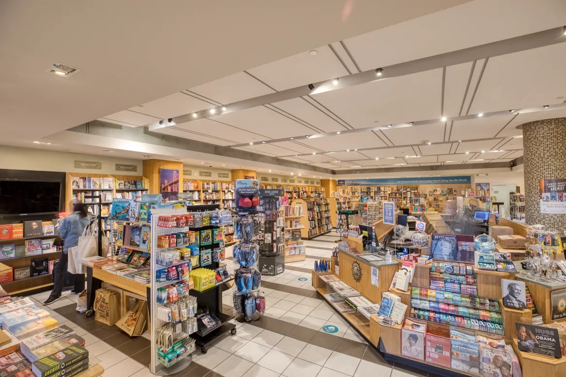 Bookshelves and sundries display at Compass Books, Terminal 3 SFO