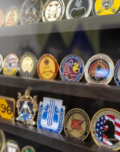 Display case of military medallions at the USO Center of SFO