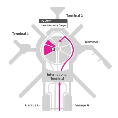 Map of ParkFast on Level 4 of the Domestic Garage. Enter ParkFast from the Domestic Departures Roadway.