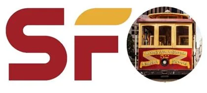 SFO Special Logo showing SFO in red and gold with cable car inside the O