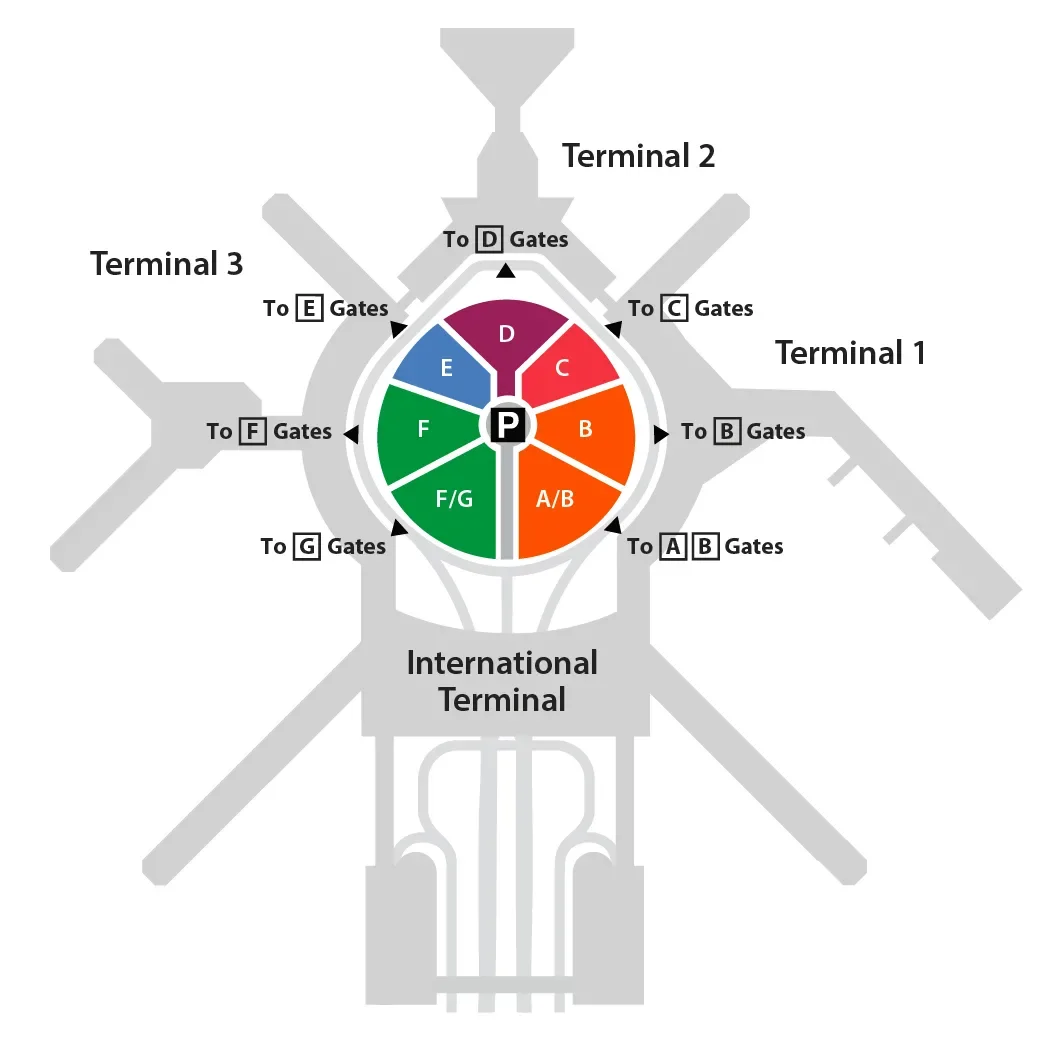 Domestic Garage map. To find parking nearest your gate, park in the lettered section matching the letter of your gate area.