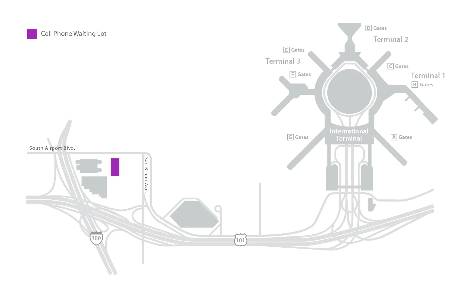 Map of SFO Cell Phone Waiting Lot location, next to the SFO Long-Term Parking facility.