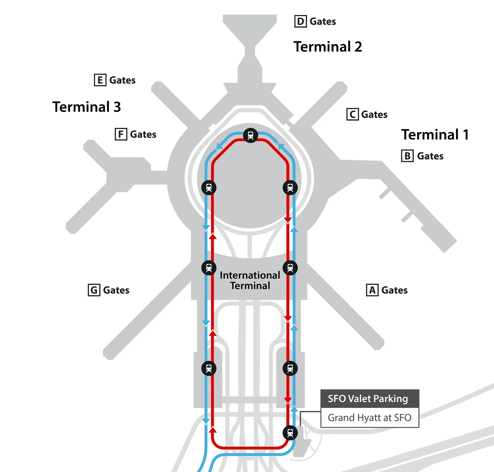 Map showing SFO Valet Parking, located at the Grand Hyatt at SFO entrance.