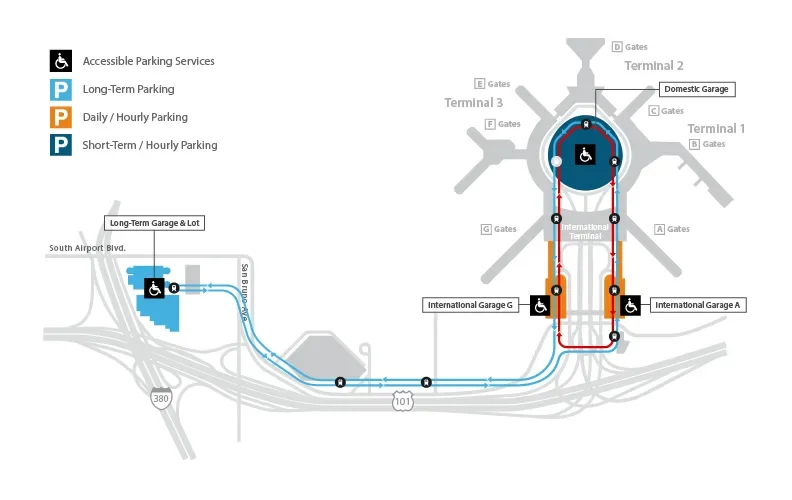 Map of SFO parking facilities. Accessible parking is available at all SFO public parking facilities.