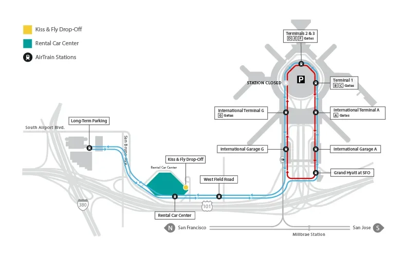 Map of the Kiss and Fly area, located at the Rental Car Center curbside.