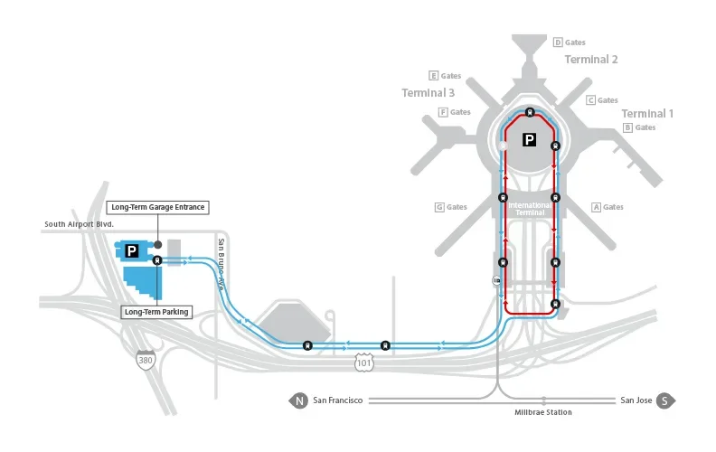 Map of SFO Long Term Parking location, located on the AirTrain Blue Line.