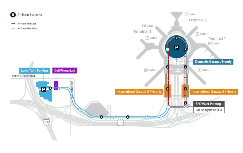 Map of parking garage locations at SFO