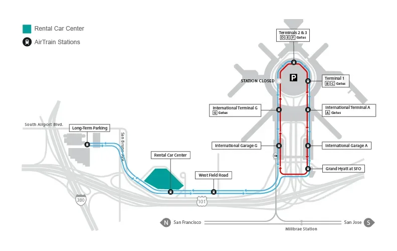 Map of SFO showing Rental Car Center location, on the AirTrain Blue Line before Long-Term Parking.