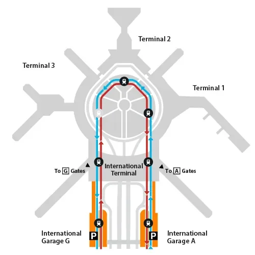 International Garage A and Garage G map. Parking in Garage A for A Gates, and Garage G for G Gates.