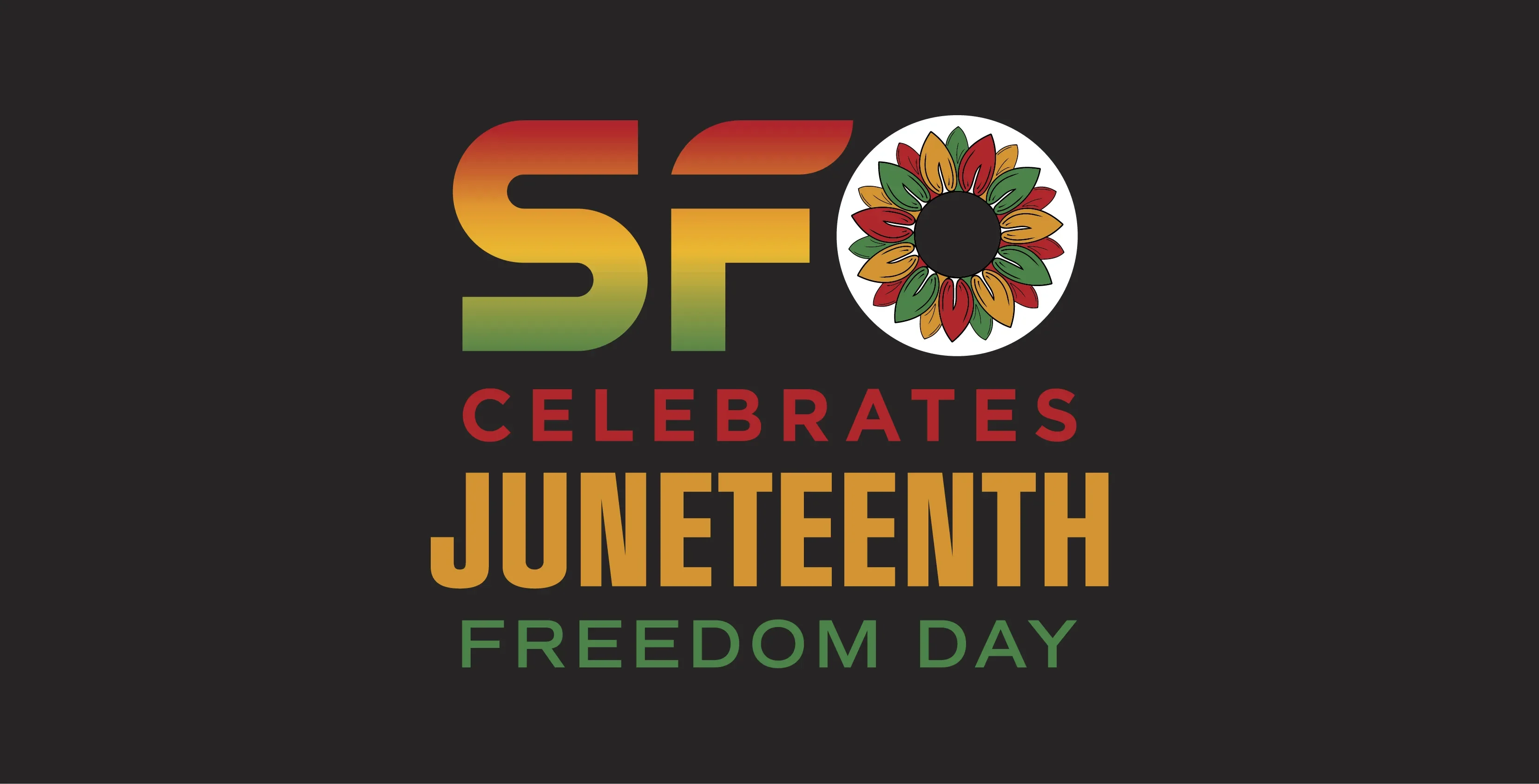 Illustration for Juneteenth with a red, green, and yellow SFO logo