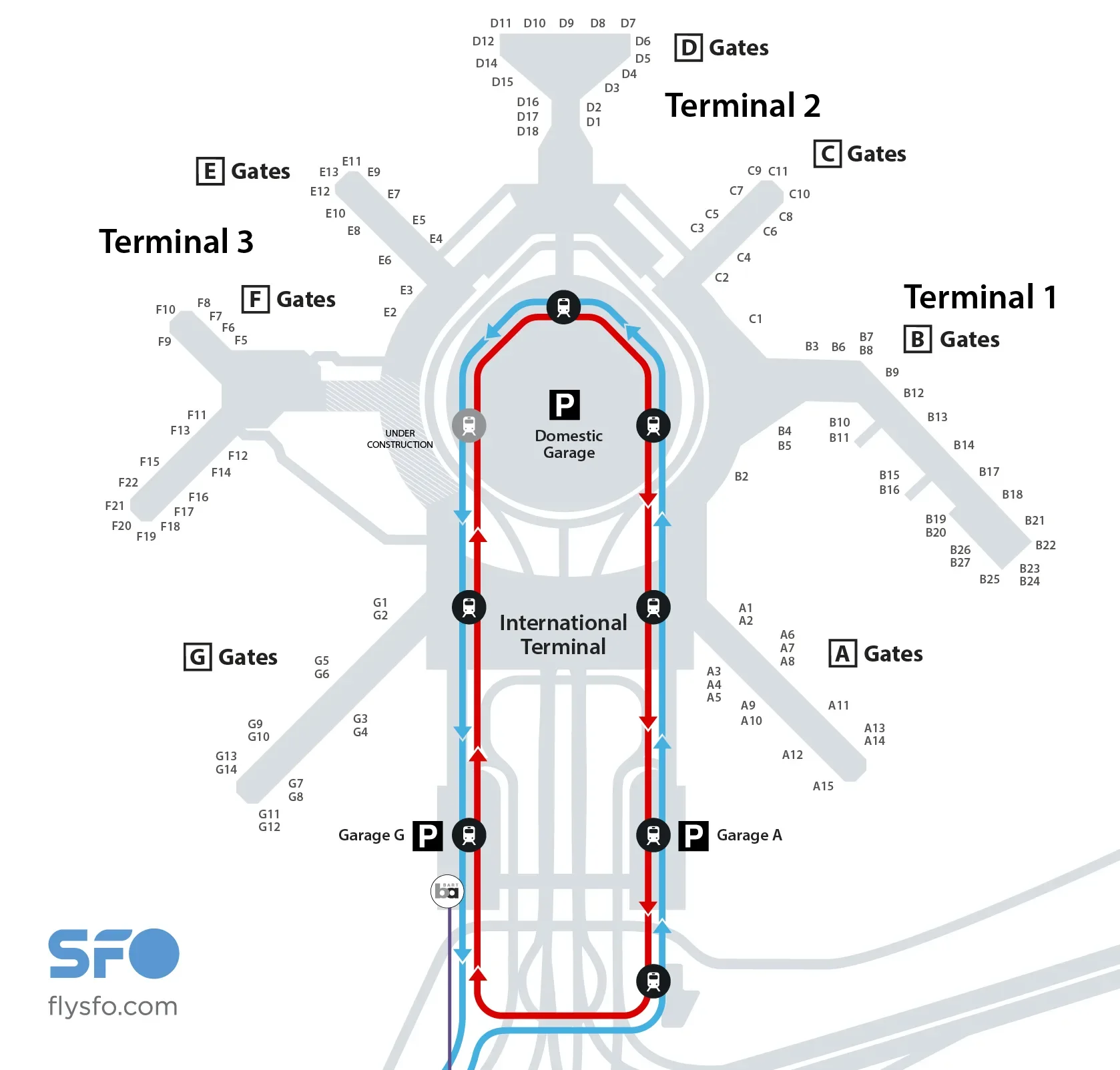 Overview map of SFO showing all gates, AirTrain stops, and terminals.