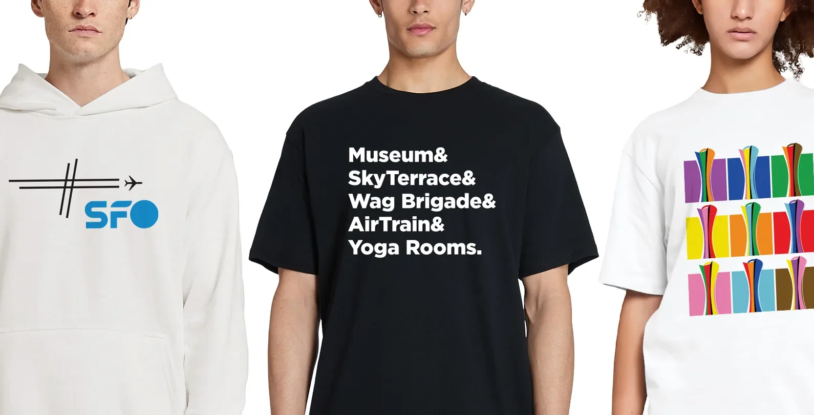 Three people modeling t-shirts from the SFO Gear online store