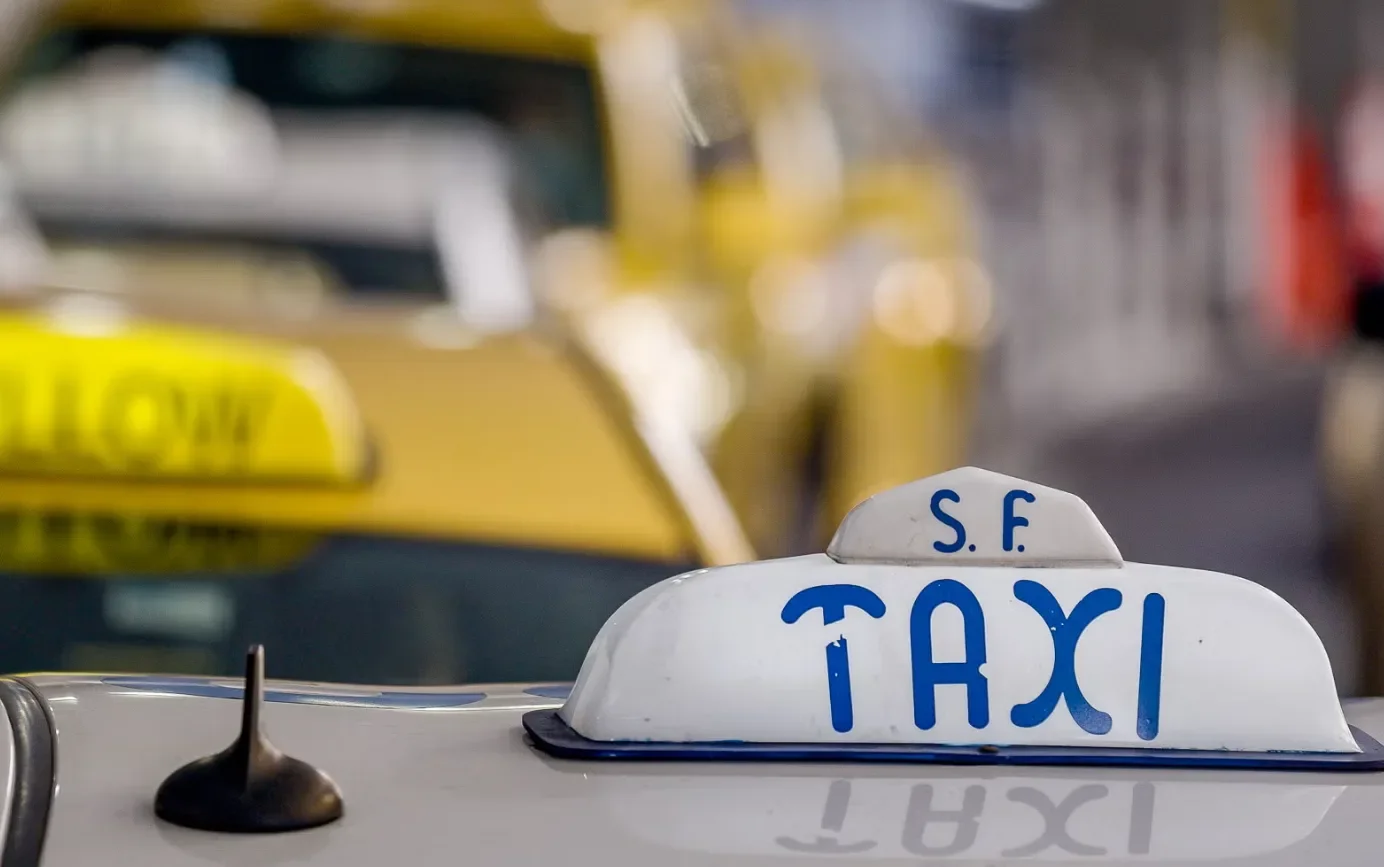 A close up of a San Francisco taxi cab vehicle at SFO