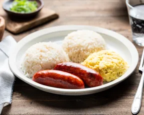Longsilog breakfast platter with sausage, egg, and rice from Mama Go's SFO