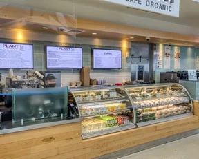 Menu board and grab-and-go items from The Plant, SFO