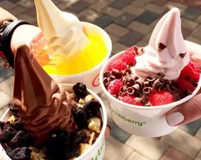Pinkberry soft serve cups with fruit and chocolate toppings